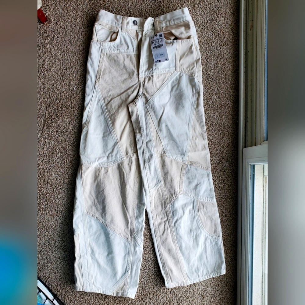 Zara Patchwork Pants in Cream and Tan